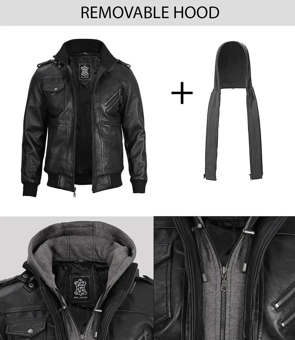Men's Black Bomber Leather Jacket with Removable Hood
