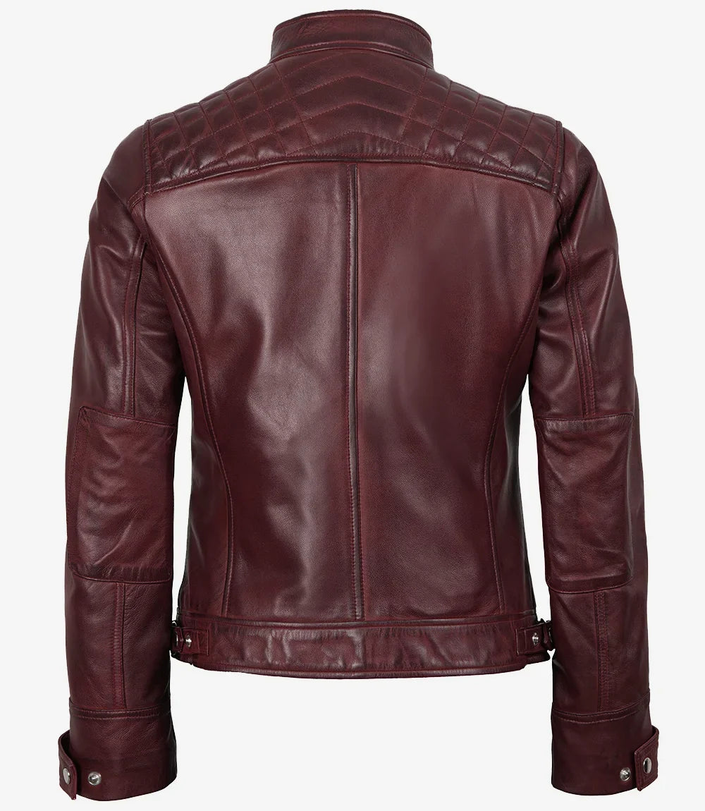 Johnson Women's Burgundy Quilted Cafe Racer Leather Jacket