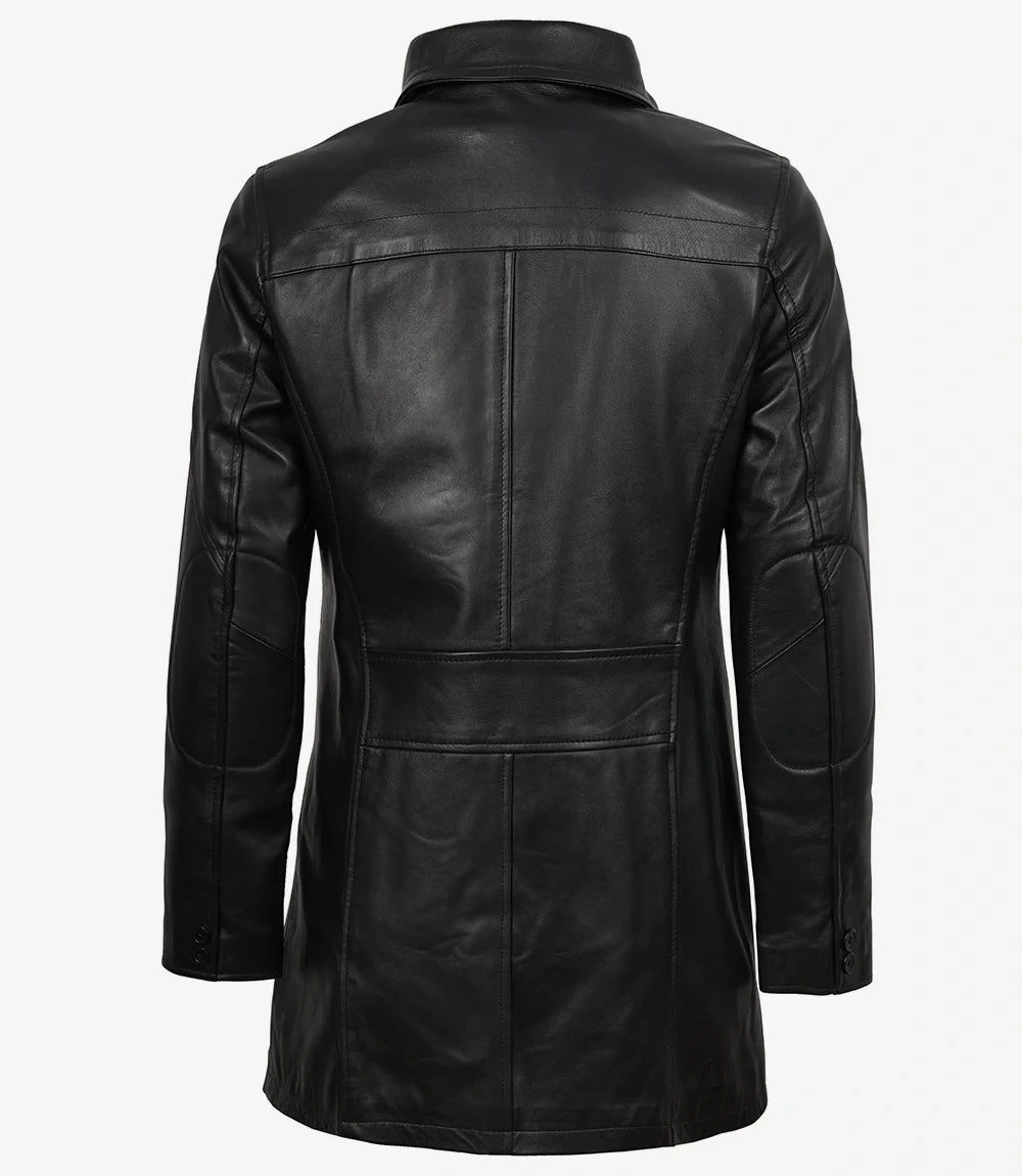 Womens Black 3/4 Length Real Leather Car Coat