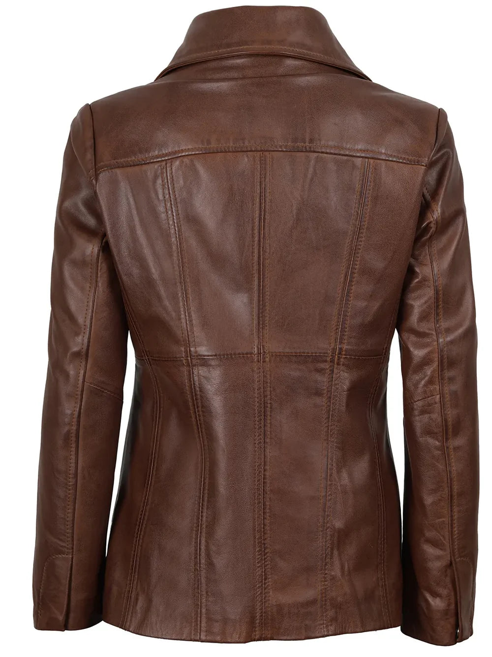 Women's Three Button Cognac Brown Leather Blazer