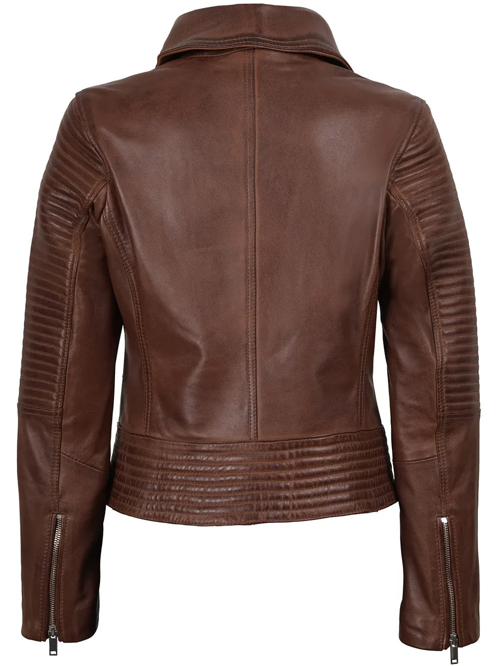 Womens Asymmetrical Cognac Wax Biker Style Leather Jacket