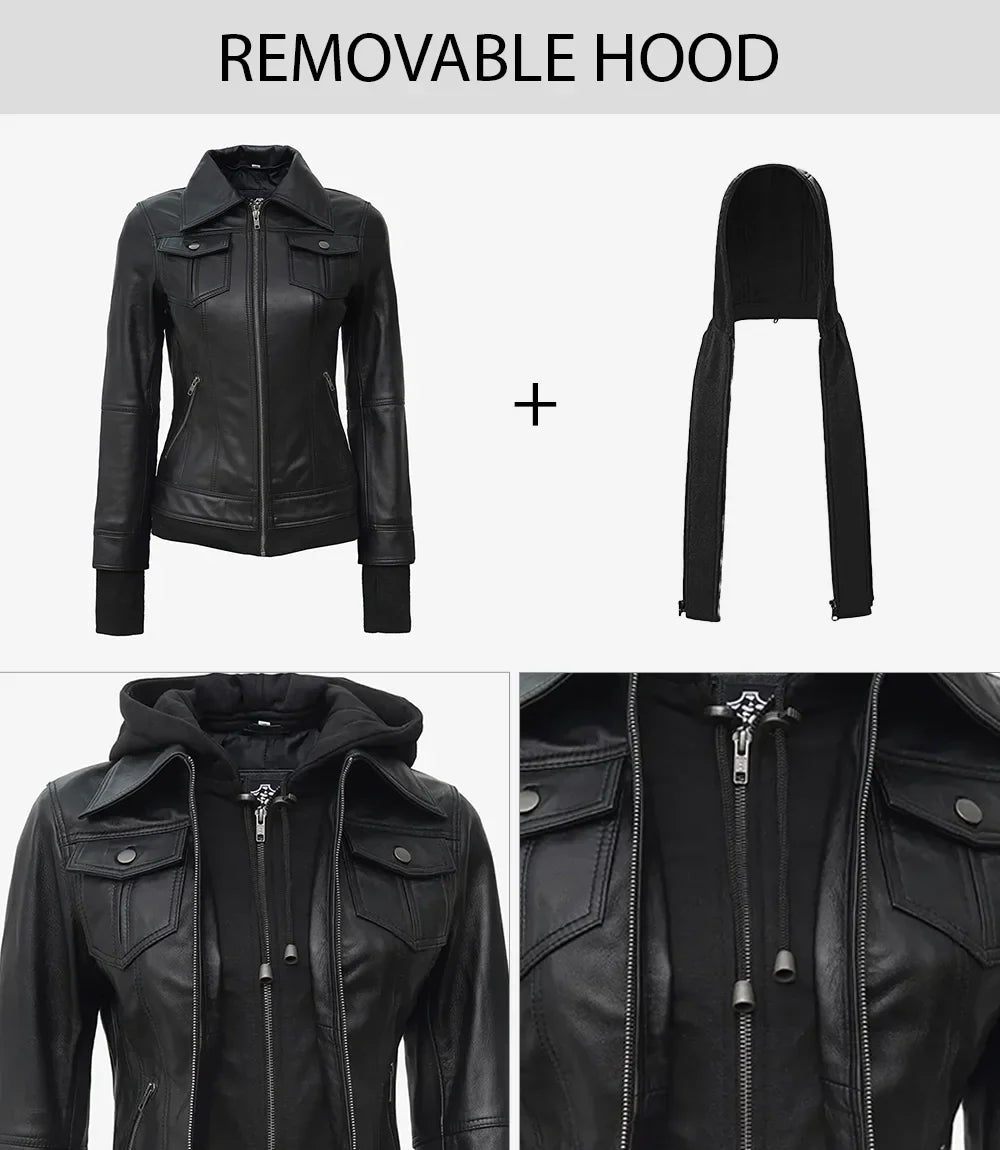 Real Leather Womens Black Bomber Jacket with Removable Hood