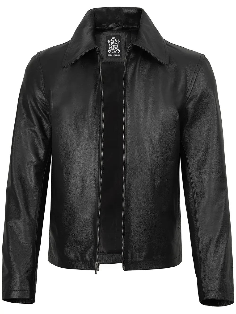 Men's Black Shirt Collar Cowhide Leather Jacket