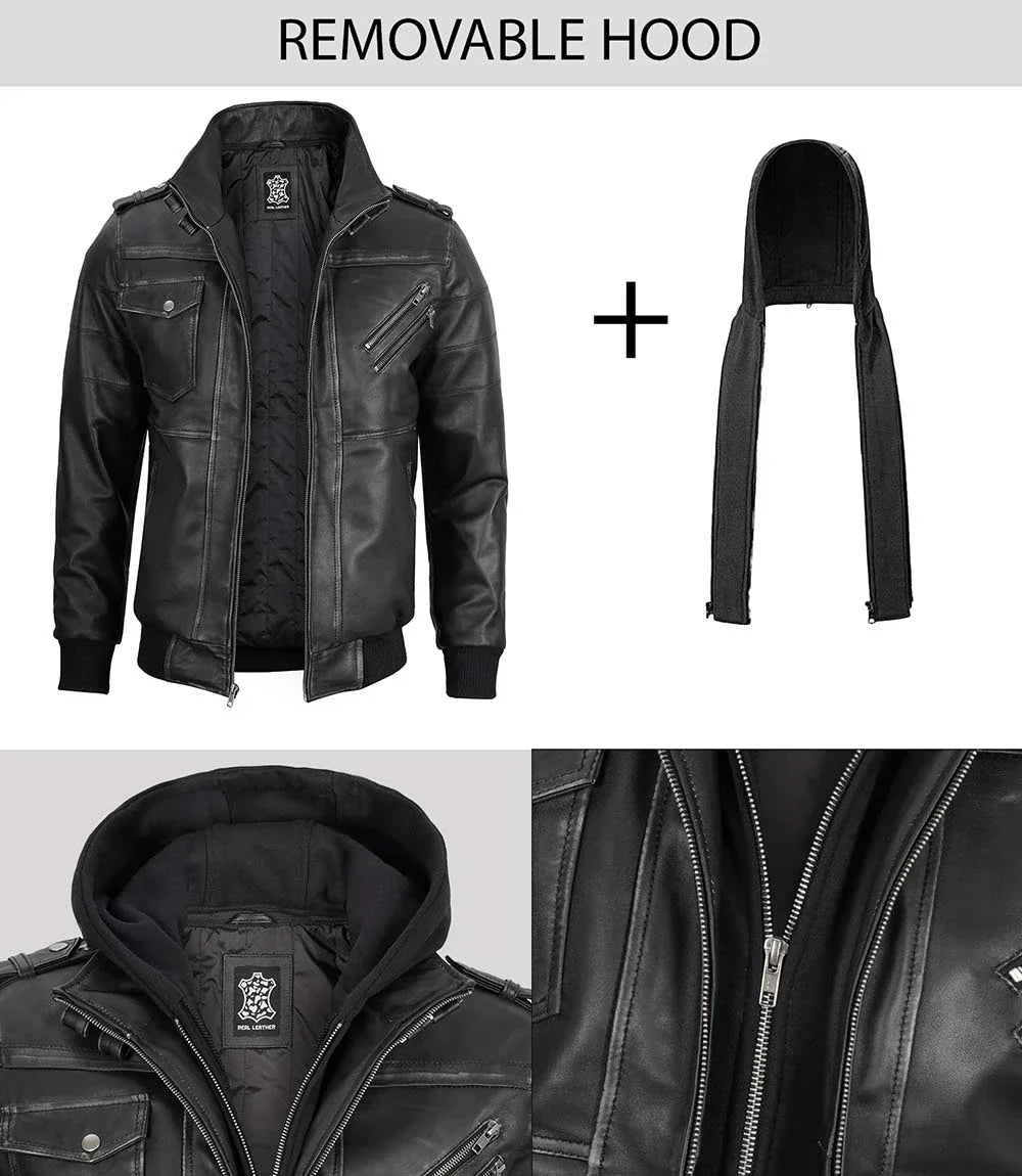 Men's Bomber Dark Grey Leather Jacket with Removable Hood