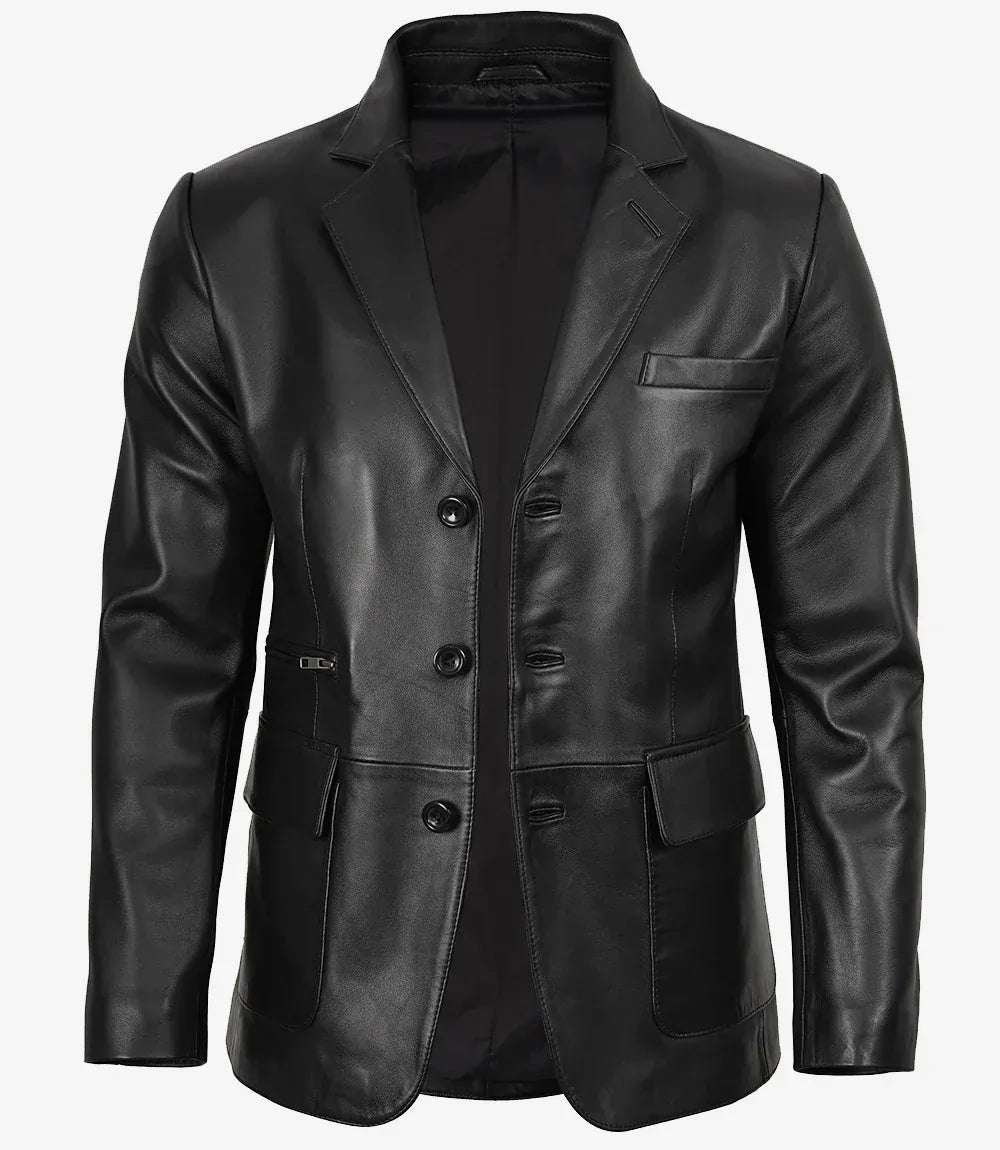 Men's Black Three Button Real Leather Blazer