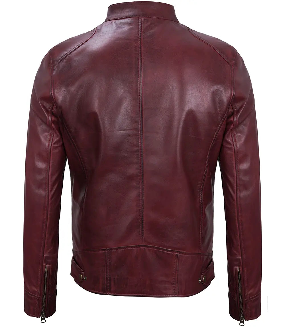 Dodge Men's Cafe Racer Style Burgundy Leather Jacket