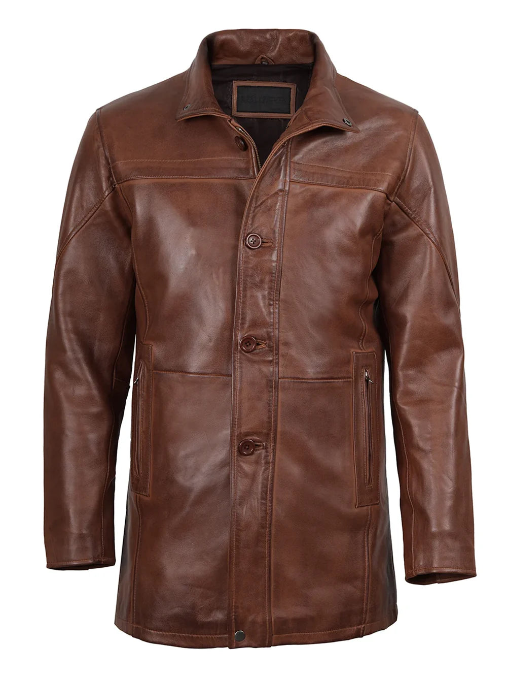 Bristol Men's Vintage Cognac Brown Leather Car Coat