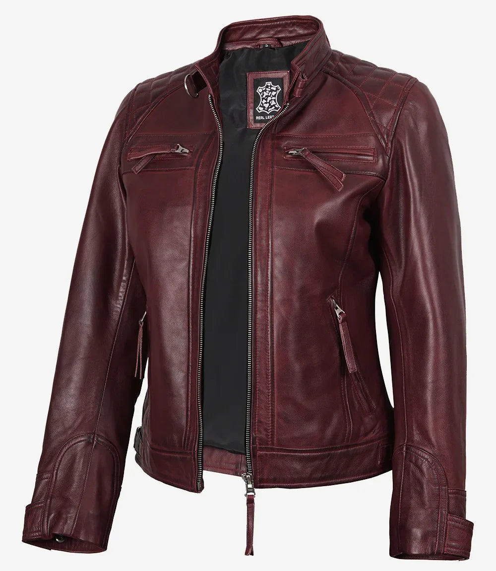 Johnson Women's Burgundy Quilted Cafe Racer Leather Jacket