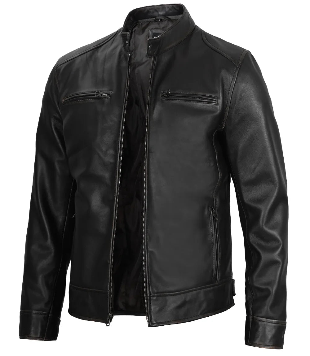 Real Leather Men's Black Cafe Racer Jacket