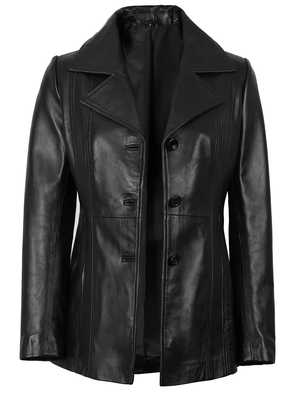 Womens Black Leather Blazer with Three Button