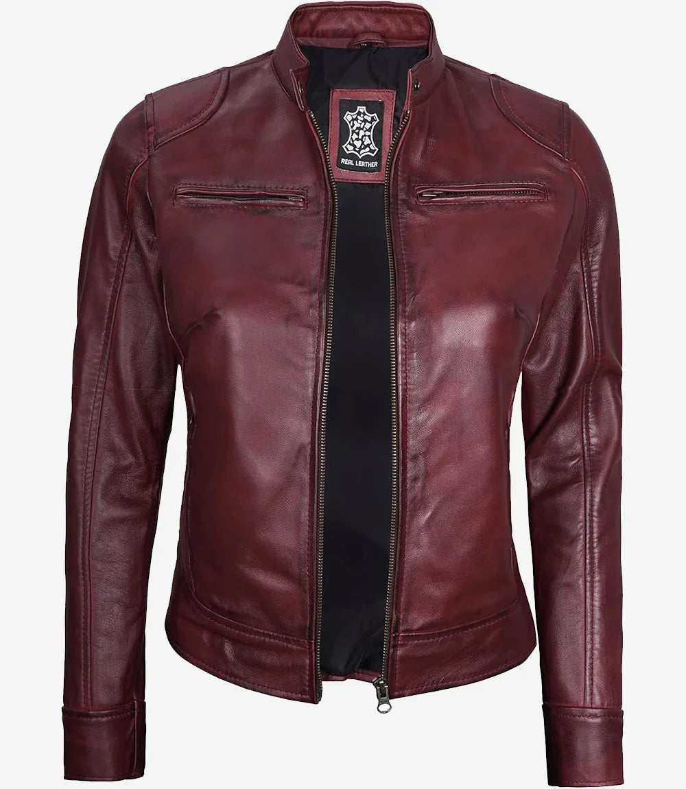 Dodge Womens Burgundy Leather Jacket Cafe Racer
