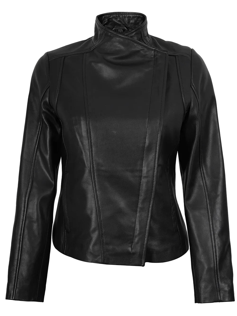 Womens Flap Closure Cafe Racer Black Leather Jacket