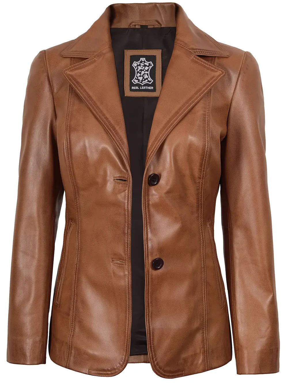Women's Two Button Tan Brown Leather Blazer Jacket
