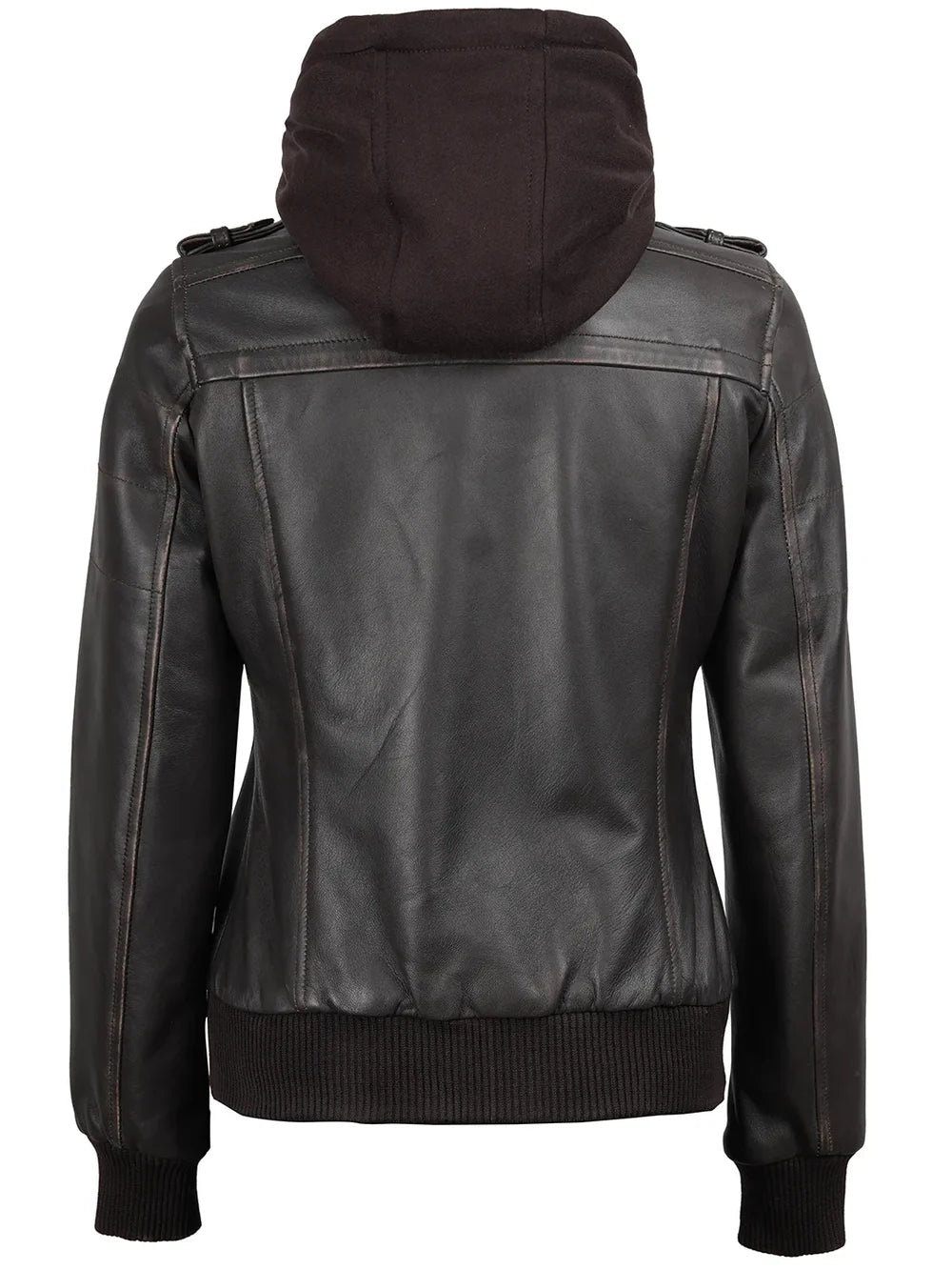 Women's Dark Brown Rub Off Leather Jacket with Removable Hood