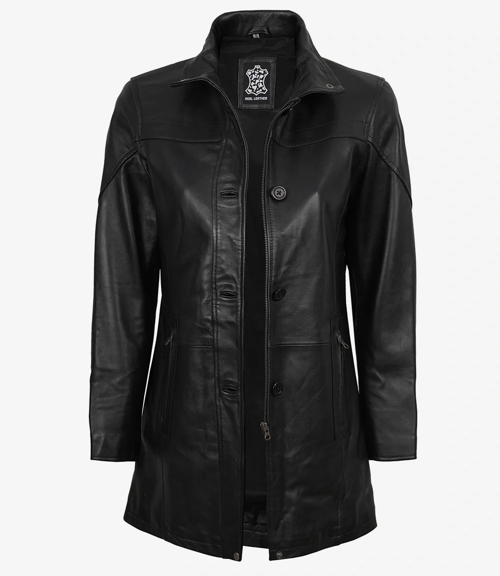 Womens Black 3/4 Length Real Leather Car Coat