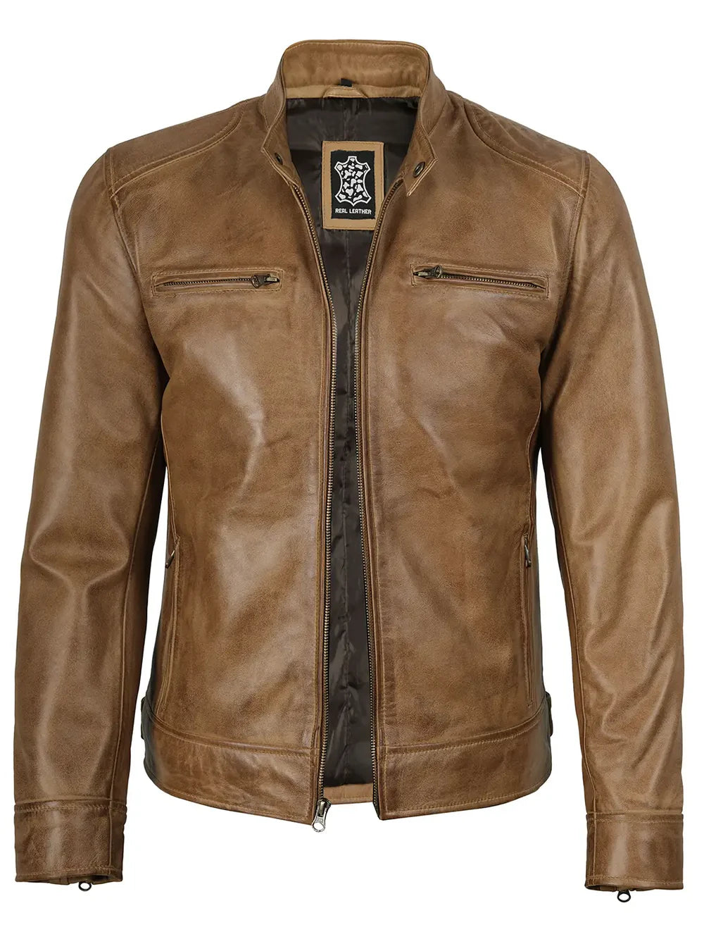 Dodge Men's Camel Brown Leather Cafe Racer Style Jacket