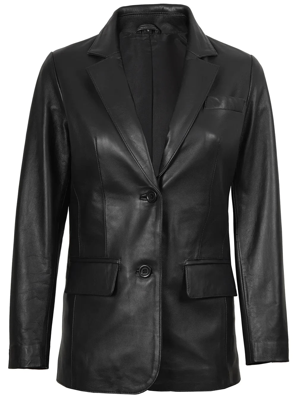 Women's Two Button Black Real Leather Blazer