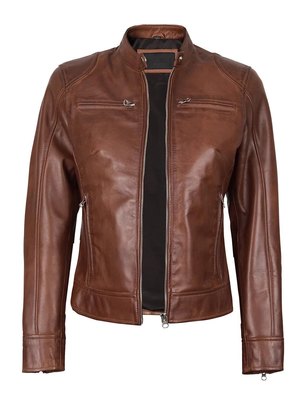 Dodge Womens Cognac Brown Biker Style Leather Jacket