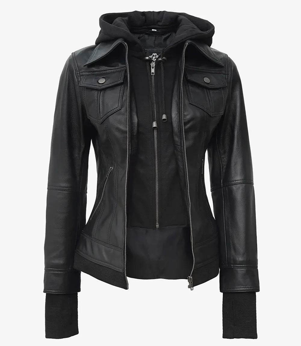 Real Leather Womens Black Bomber Jacket with Removable Hood
