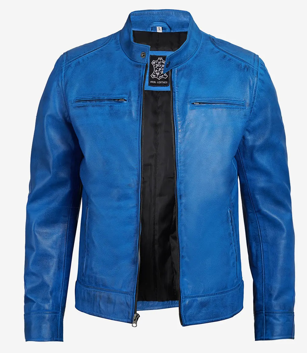 Real Leather Men's Cafe Racer Style Blue Jacket