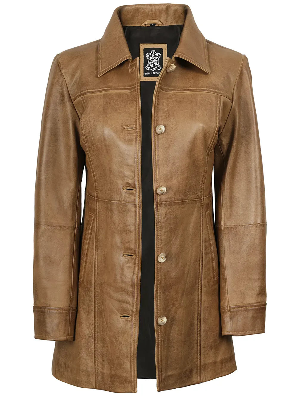 Kandis Womens Camel Brown Real Leather Car Coat