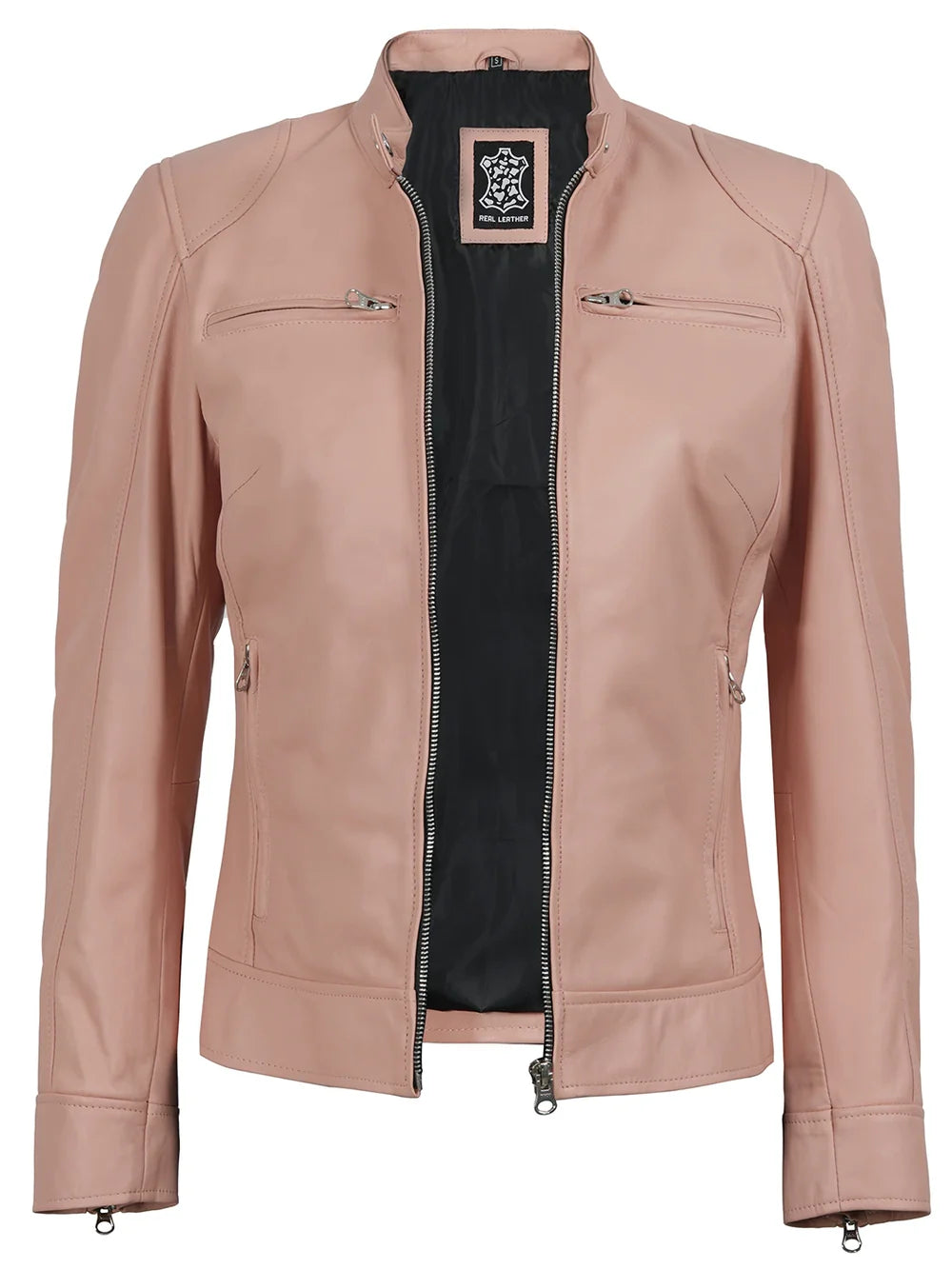 Dodge Women Light Pink Biker Style Leather Jacket