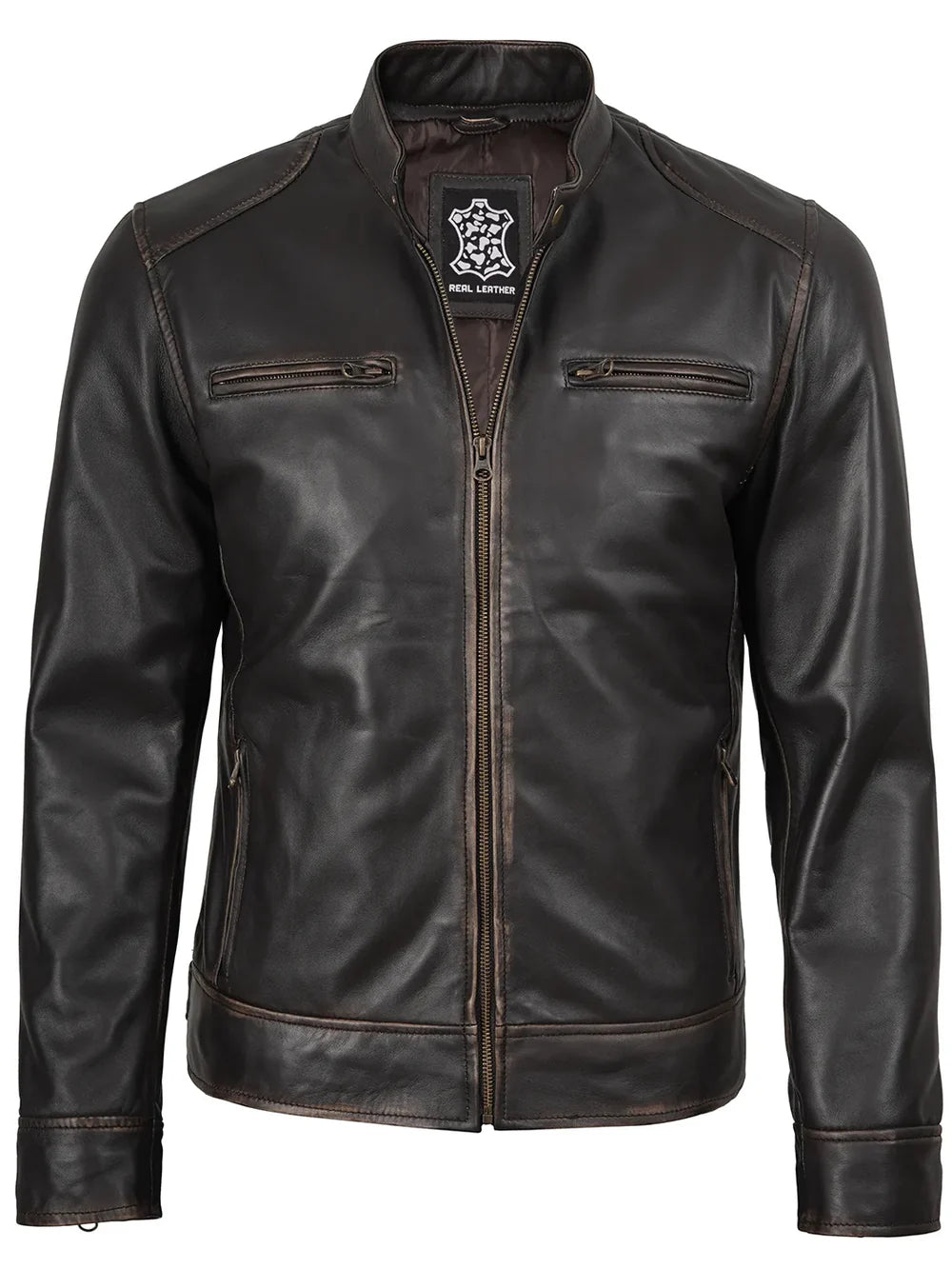 Dodge Men's Rub-Off Dark Brown Cafe Racer Style Leather Jacket