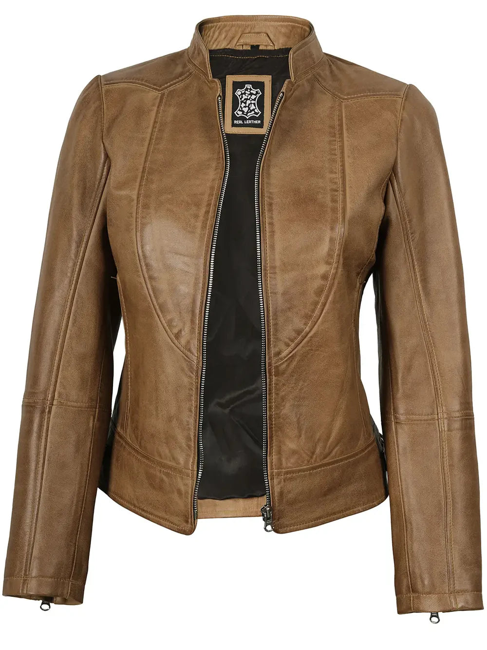 Amy Womens Camel Leather Biker Style Jacket