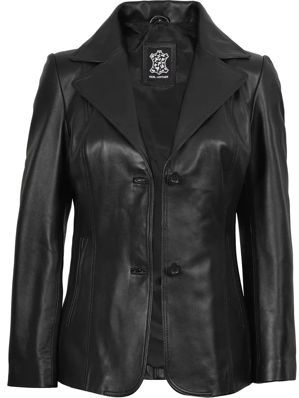 Women's Black Two Button Leather Blazer Jacket