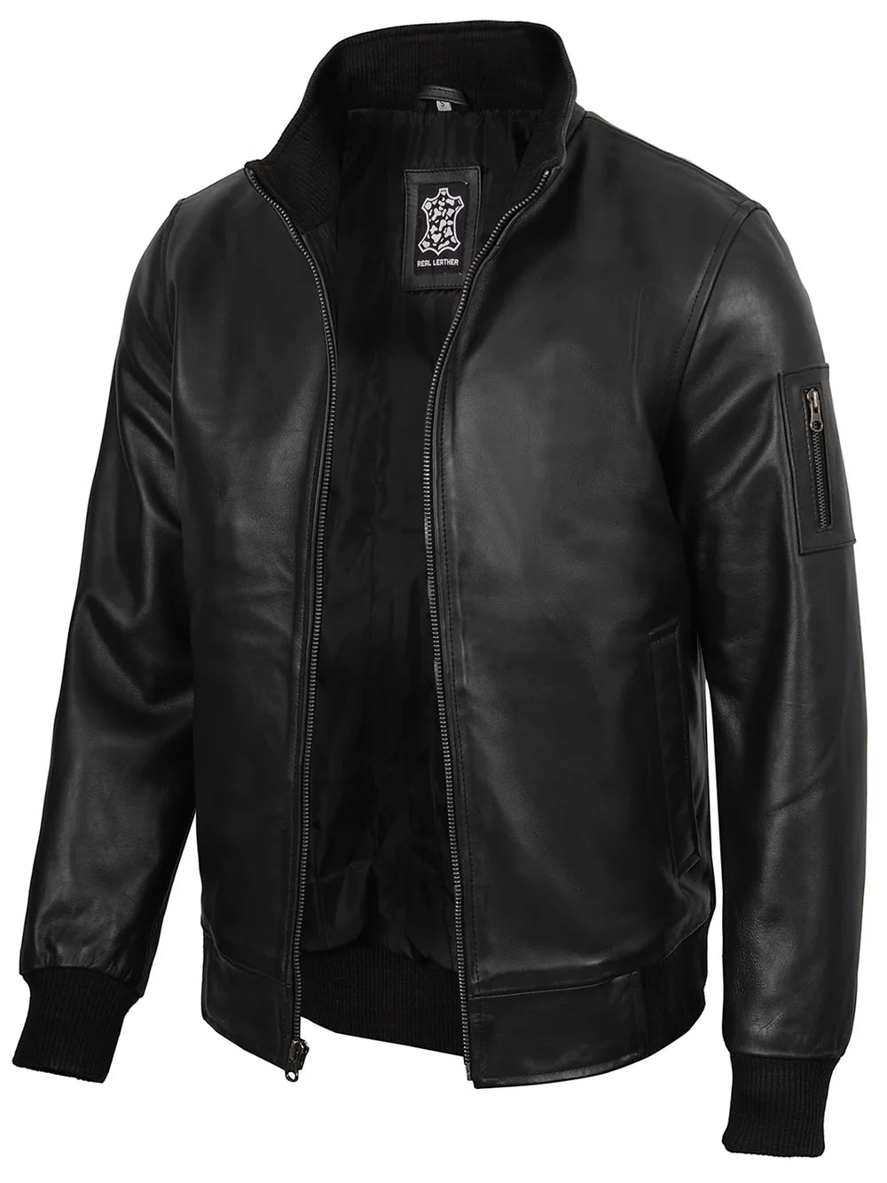 Men Black Real Cowhide Leather Bomber Jacket