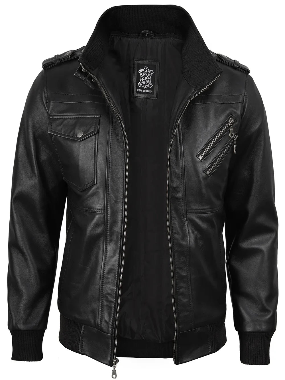 Men's Black Bomber Leather Jacket with Removable Hood