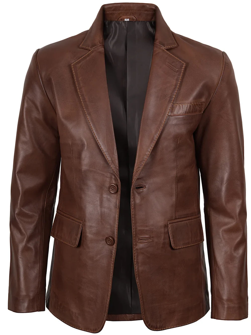 Men Two Button Cognac Wax Leather Blazer