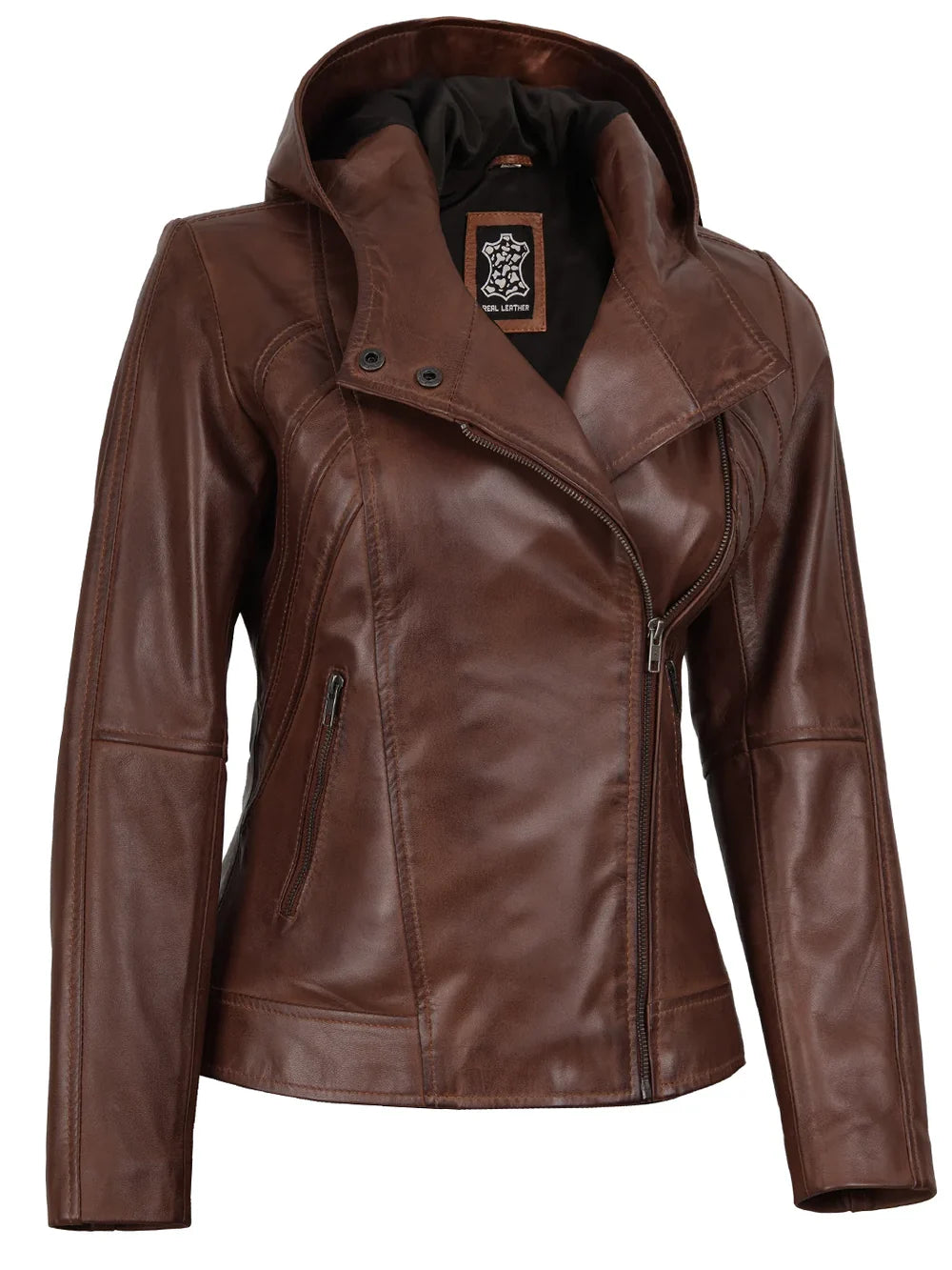 Cidra Women Asymmetrical Brown Hooded Leather Jacket