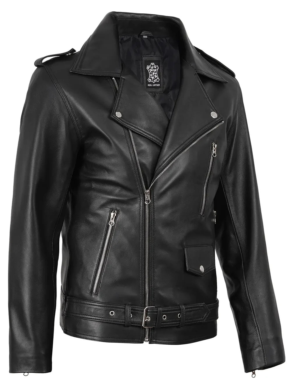 Men's Black Asymmetrical Belted Leather Biker Style Jacket