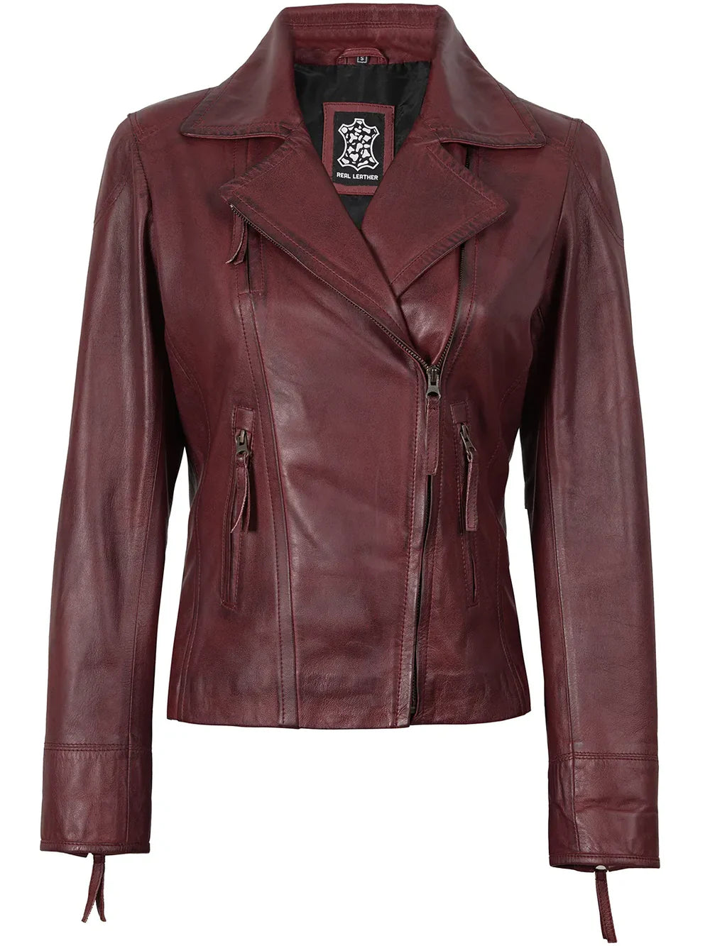 Ramsey Women's Burgundy Asymmetrical Leather Biker Style Jacket