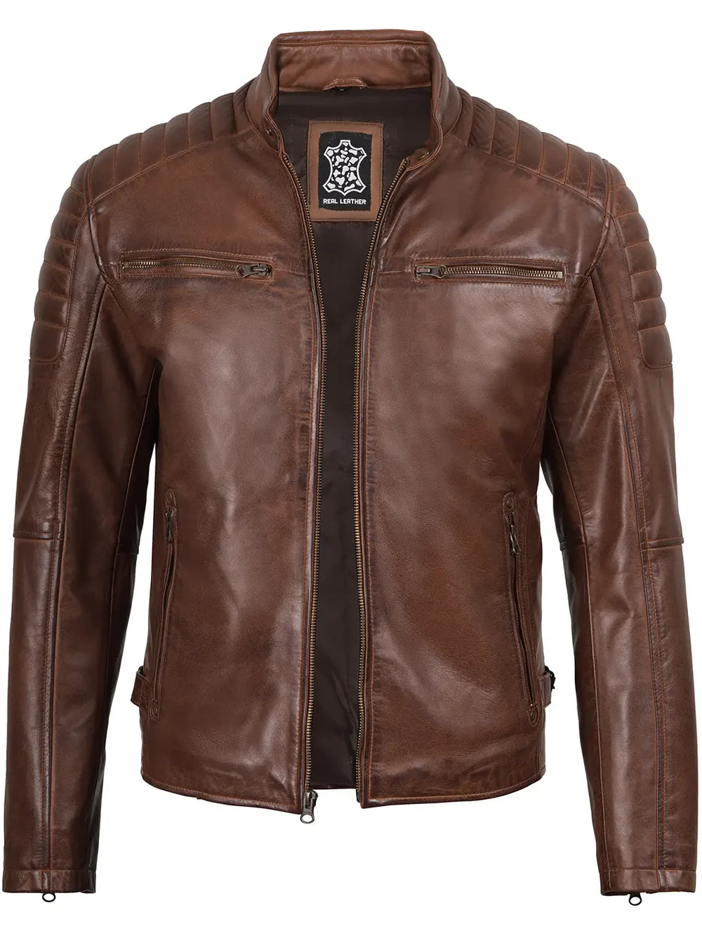Mens Cognac Brown Cafe Racer Style Leather Jacket