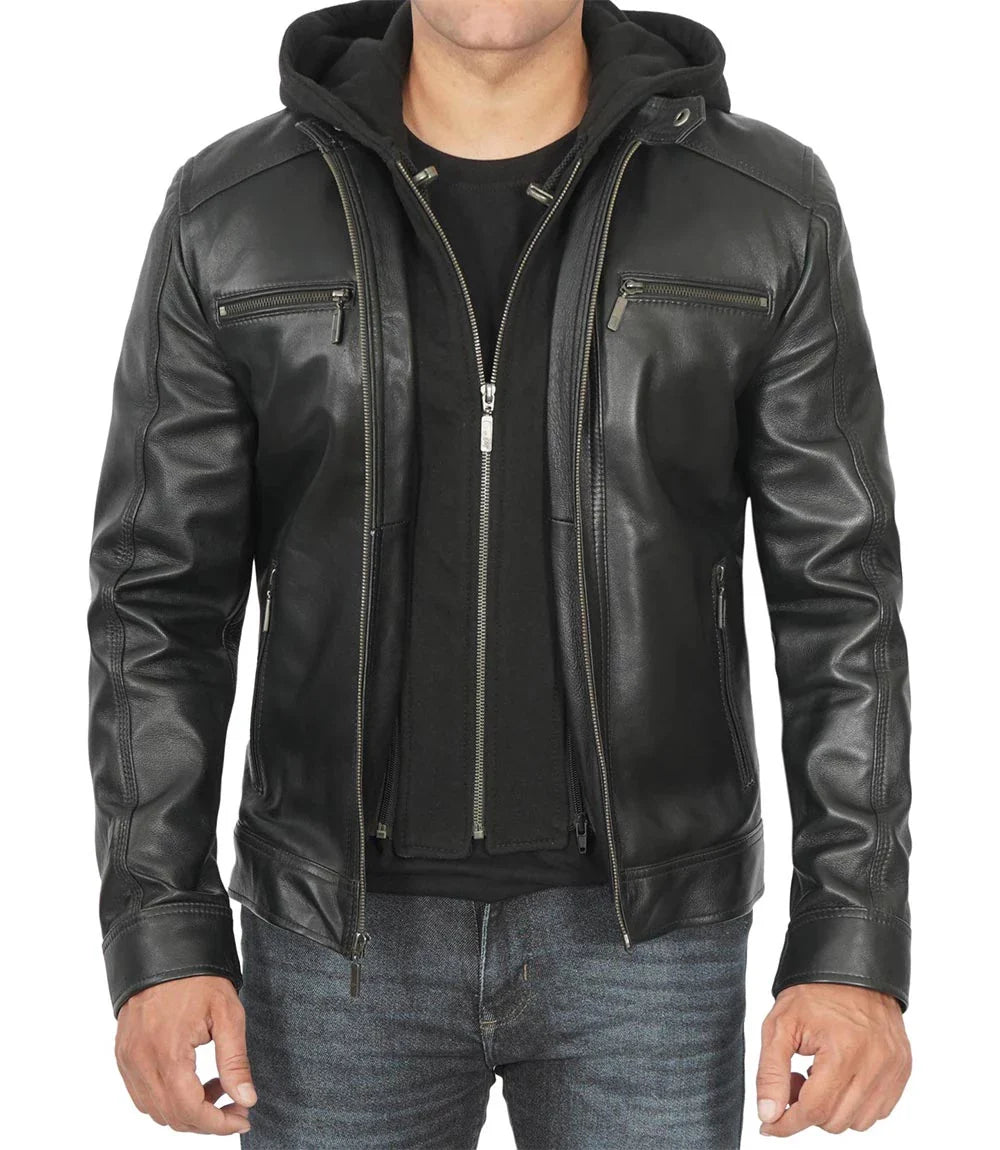 Merrill Men's Black Hooded Leather Jacket
