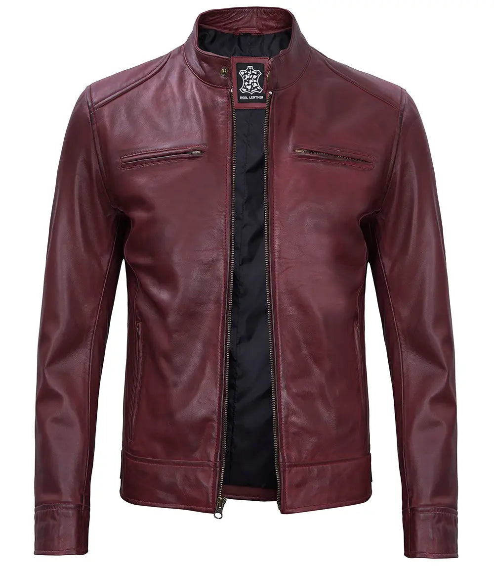 Dodge Men's Cafe Racer Style Burgundy Leather Jacket