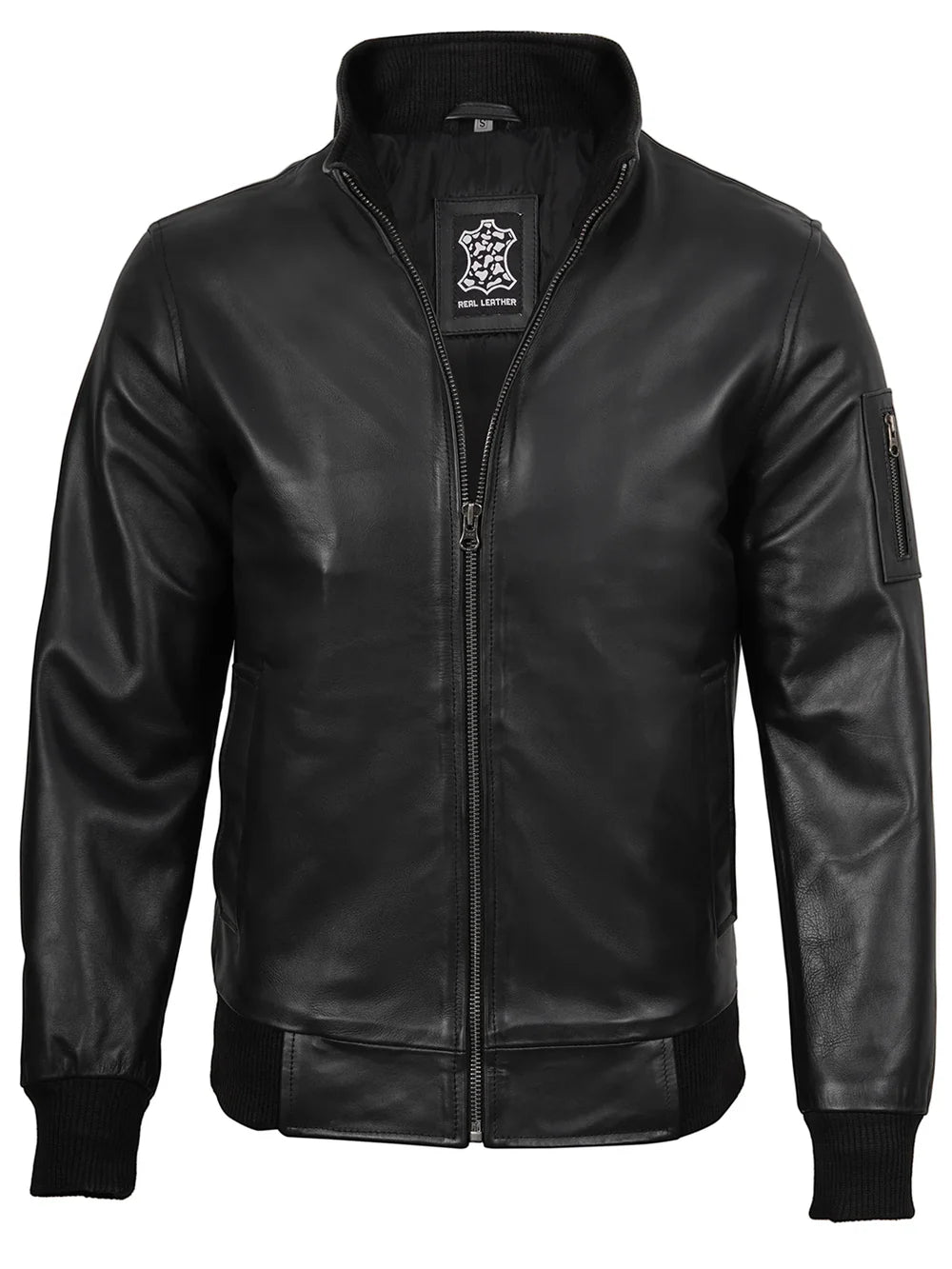 Men Black Real Cowhide Leather Bomber Jacket