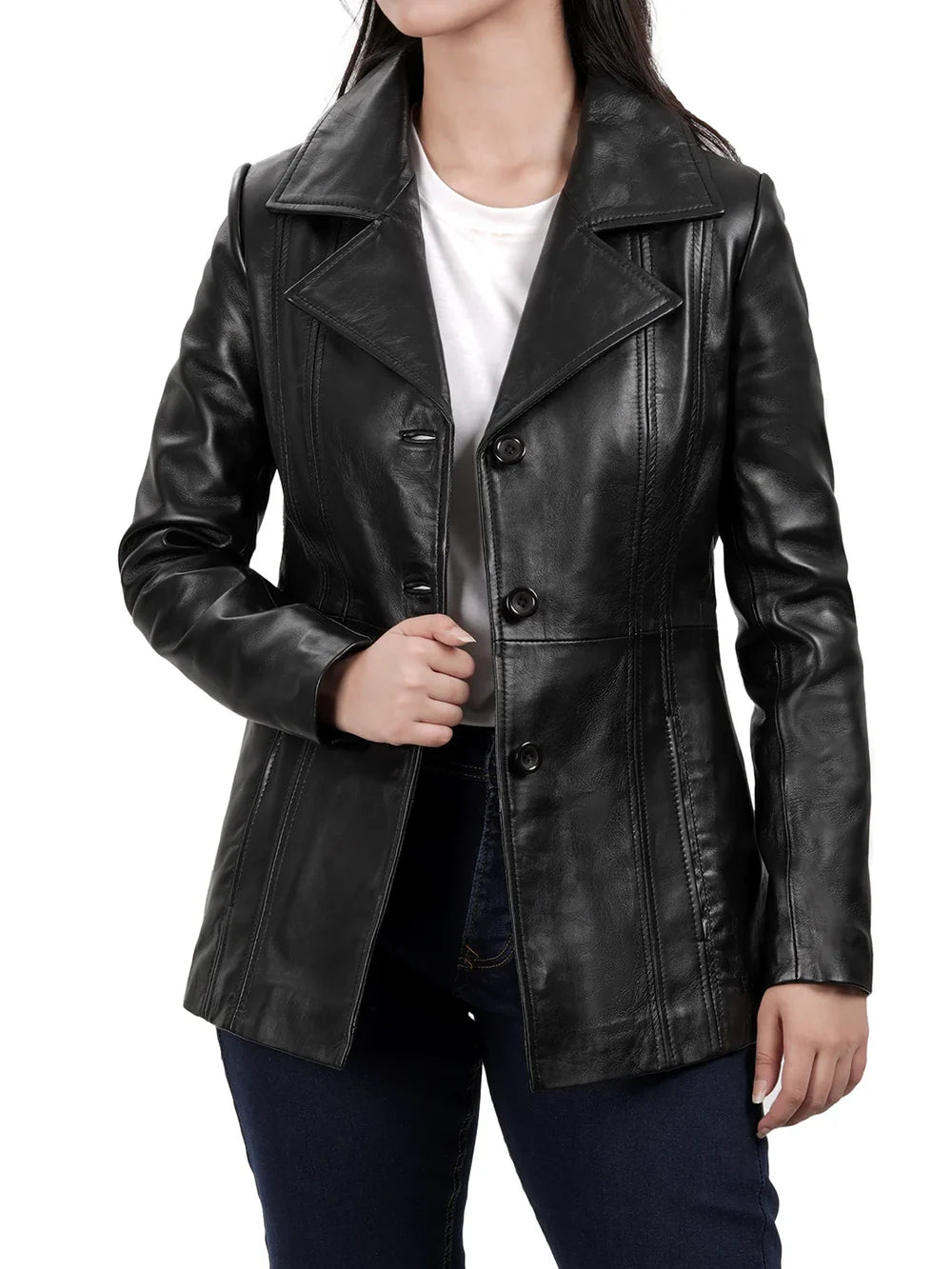 Womens Black Leather Blazer with Three Button