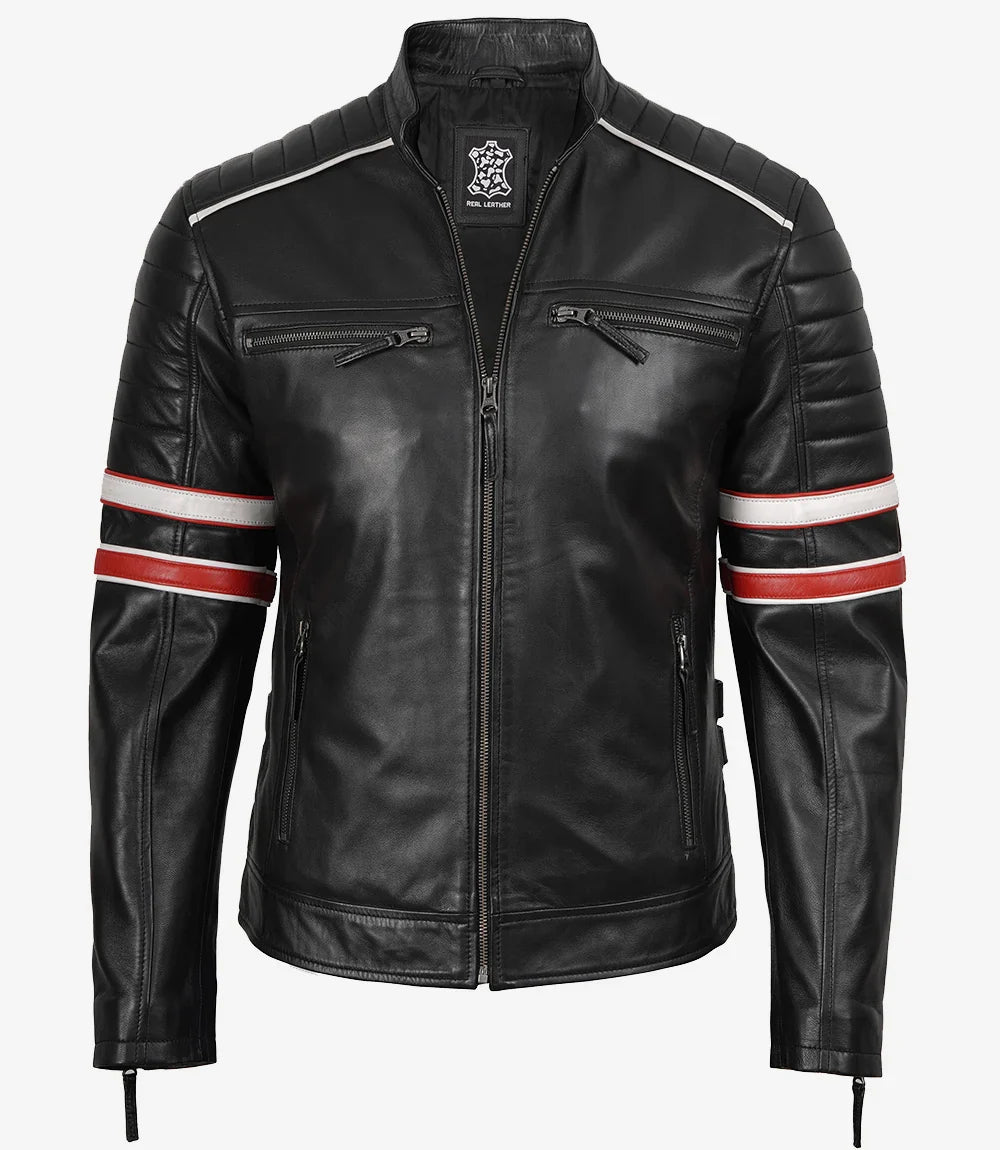 Men’s Black Cafe Racer Leather Jacket with Red & White Stripes