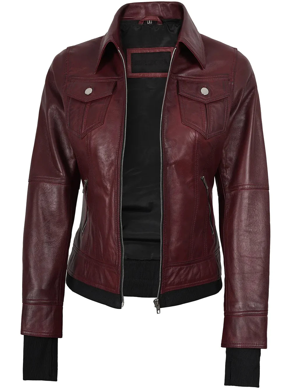 Real Leather Women's Bomber Burgundy Jacket with Hood