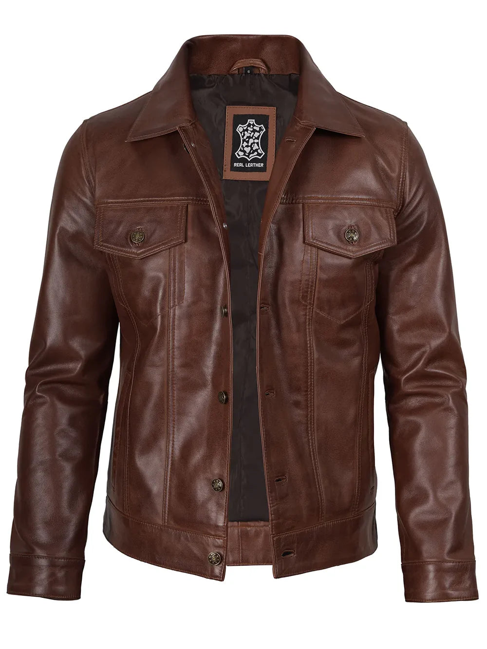Fernando Men's Cognac Wax Harrington Leather Trucker Jacket