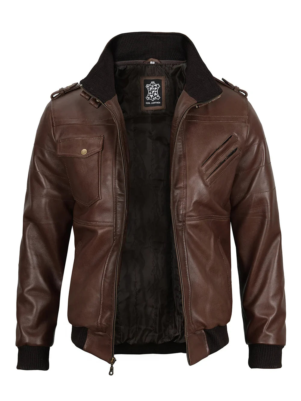 Edinburgh Men's Dark Brown Leather Bomber Jacket With Removable Hood