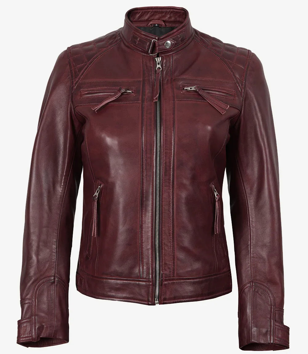 Johnson Women's Burgundy Quilted Cafe Racer Leather Jacket