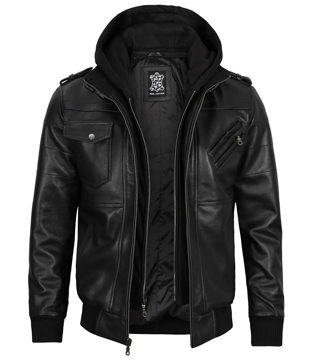 Edinburgh Men Black Bomber Leather Jacket With Removable Hood