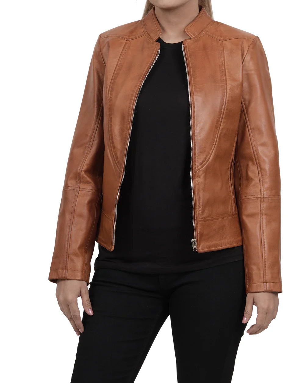 Amy Womens Cafe Racer Tan Brown Real Leather Jacket