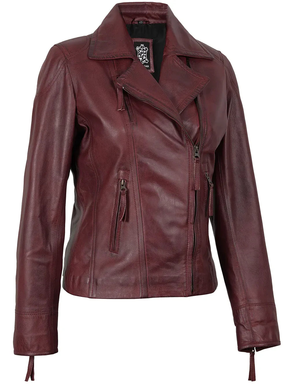 Ramsey Women's Burgundy Asymmetrical Leather Biker Style Jacket