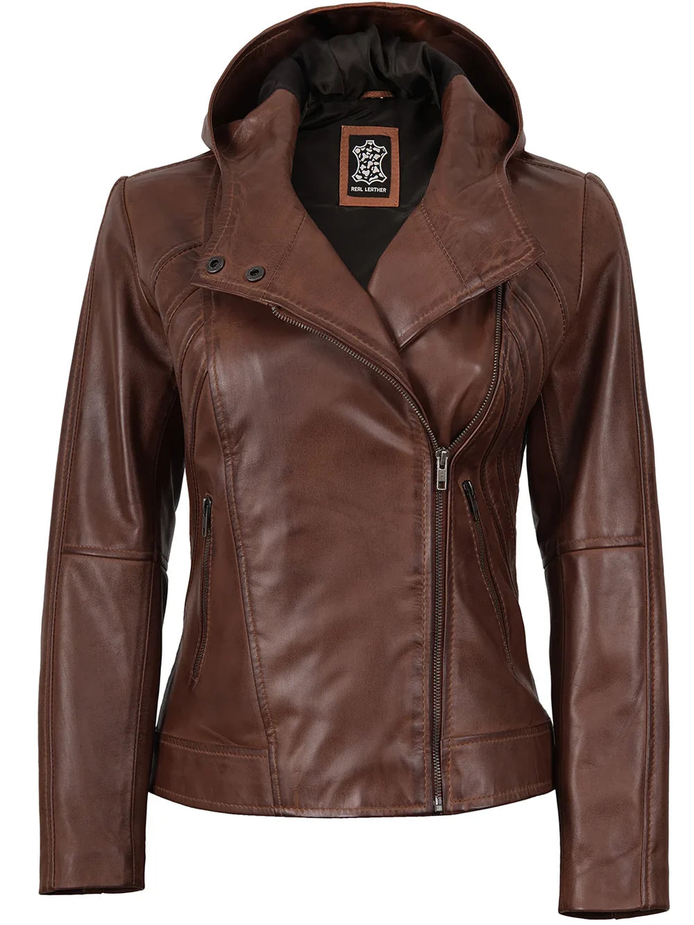 Cidra Women Asymmetrical Brown Hooded Leather Jacket