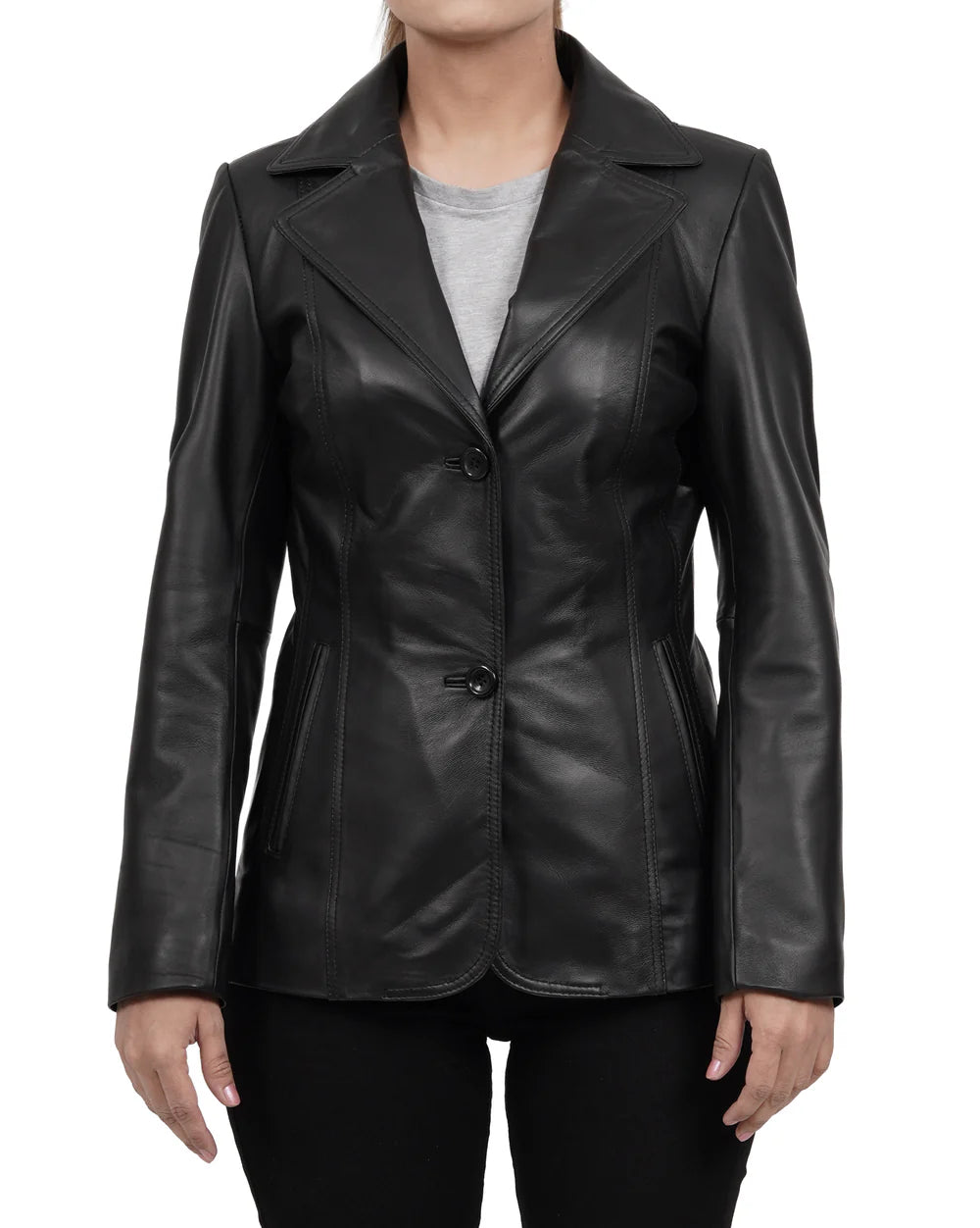 Women's Black Two Button Leather Blazer Jacket